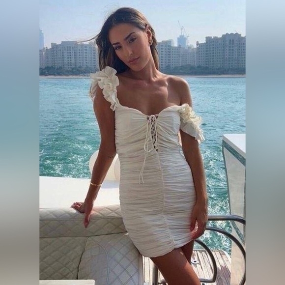 ZARA NWT White Draped Ruched Linen Ruffle Strap Contour Bodycon Tie Mini Dress - Picture 12 of 17